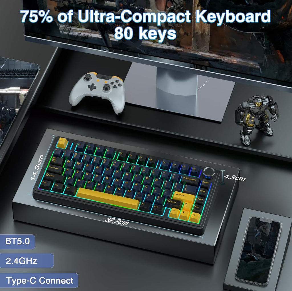 F75 75% Wireless Mechanical Keyboard,2.4Ghz/Type-C/Bt5.0 Gaming Keyboards,Advanced Structure,Rgb Backlight,Hot Swappable Custom Keyboard for Pc/Mac (Cool Black)