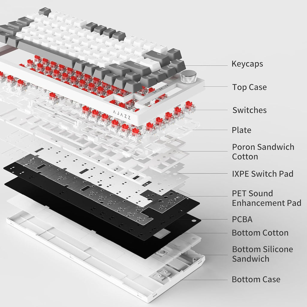 AK820 Mechanical Keyboard, 75% Hot Swappable Wired Keyboard with Volume Control Knob, QWERTY Layout, PBT Keycaps, Five-Layer Sound Insulation Pad, 82-Key Gaming Keyboard, Grey White
