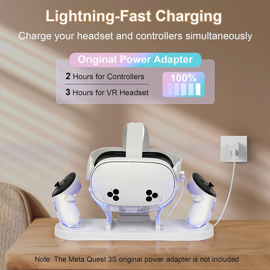 For Metaquest 3S/Quest 3 Charging Dock, VR Charger Station Stand for Metaquest 3S/3 Storage, W/Led Indicator Light and 2 Touch Controller Grips Rechargeable Batteries (White)