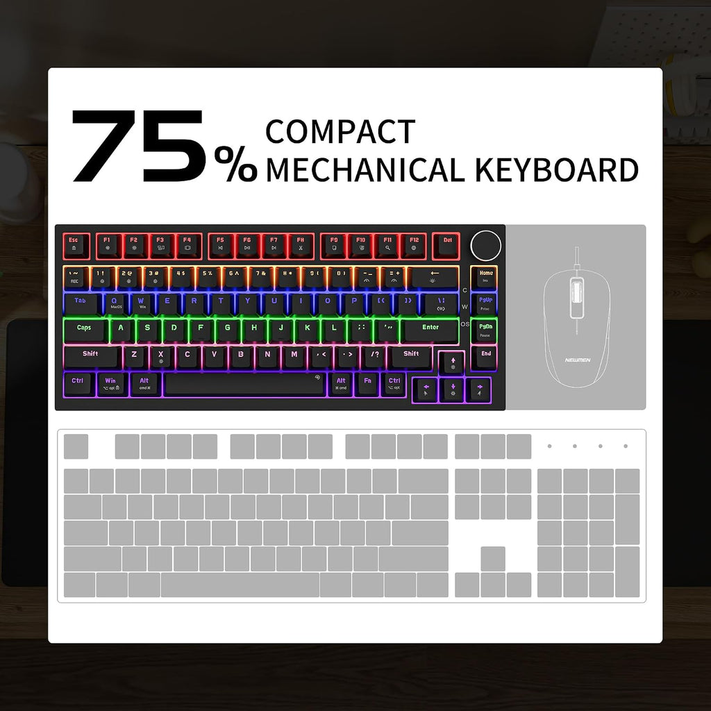 GM326 Mechanical Keyboard,Wired Gaming Keyboard,75% Percent Keyboard | Mechanical Keyboard,Wired Gaming Keyboard,75% Percent,Hot Swappable,Compact,Led Backlit,Usb C,Knob,Pc,Qwerty,Black,Red Switch