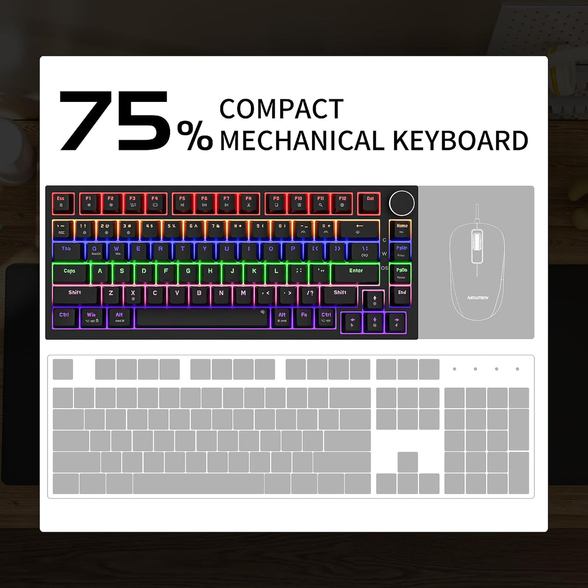 GM326 Mechanical Keyboard,Wired Gaming Keyboard,75% Percent Keyboard | Mechanical Keyboard,Wired Gaming Keyboard,75% Percent,Hot Swappable,Compact,Led Backlit,Usb C,Knob,Pc,Qwerty,Black,Red Switch