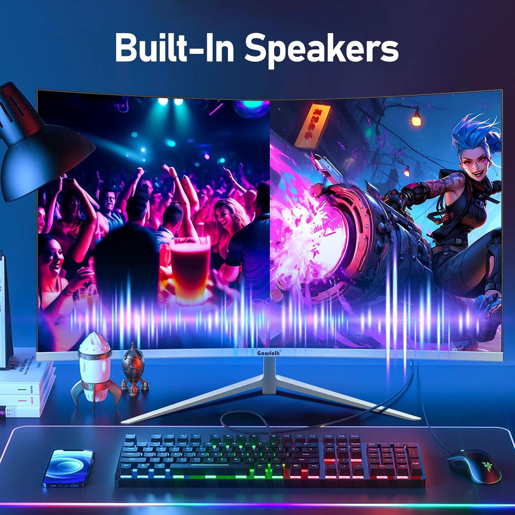 Curved Monitor 27 Inch 100Hz, PC Gaming Monitor with Speakers, AMD Freesync Full HD 1080P Ultra-Thin Zero Frame Display for Home Office Business (White)
