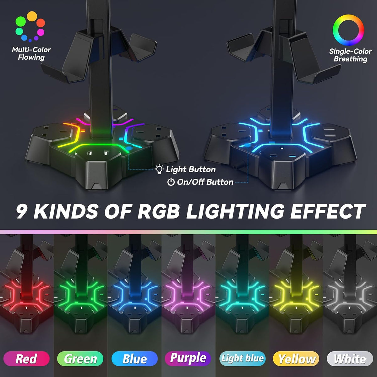 RGB Headphone Stand with USB Charger, Controller Stand for Desk, Headset Stand Holder with 2 USB Charging Ports and 3 AC Outlets Extension Lead Socket,Gaming Headset Desk Accessories