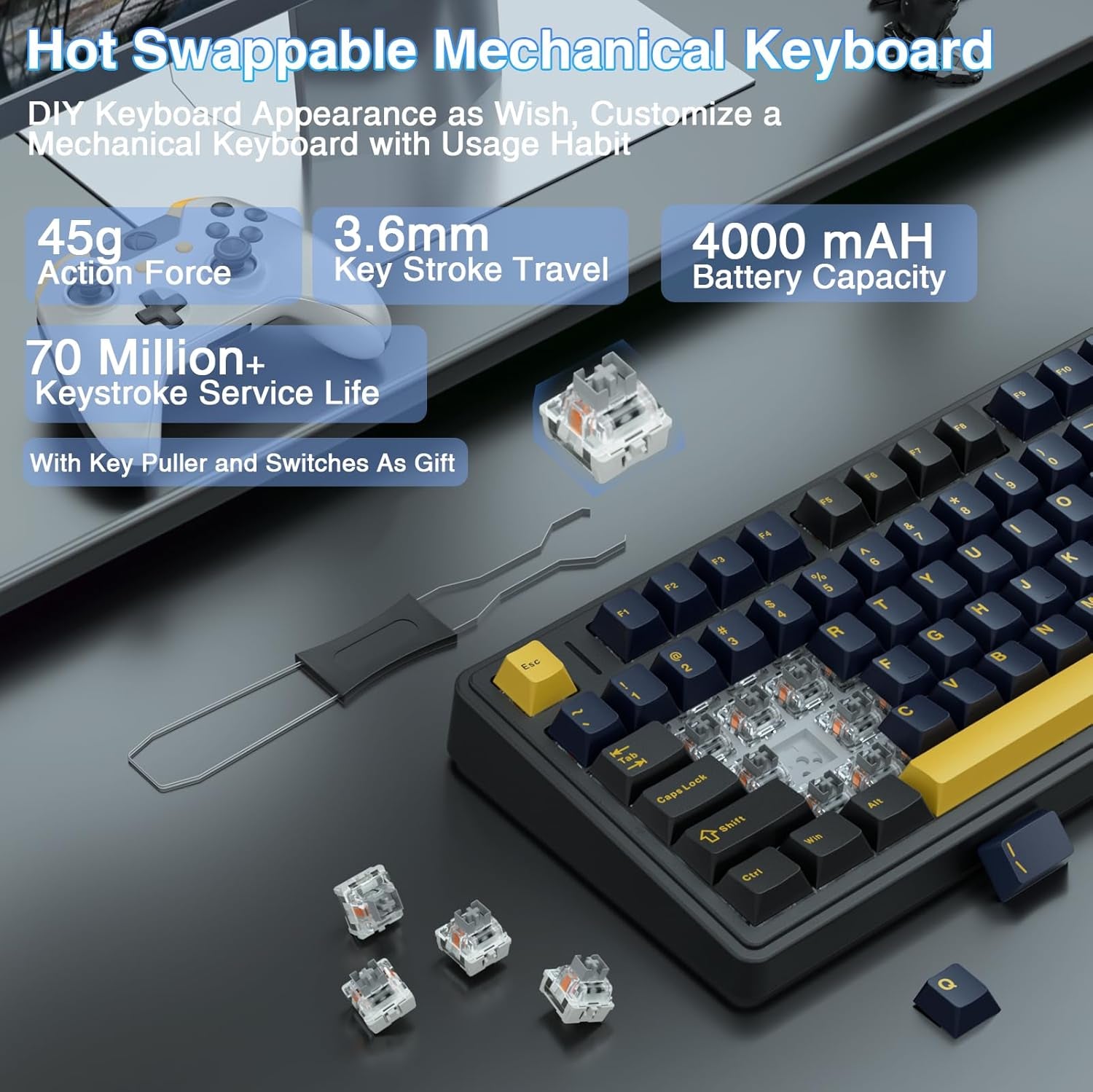 F75 75% Wireless Mechanical Keyboard,2.4Ghz/Type-C/Bt5.0 Gaming Keyboards,Advanced Structure,Rgb Backlight,Hot Swappable Custom Keyboard for Pc/Mac (Cool Black)
