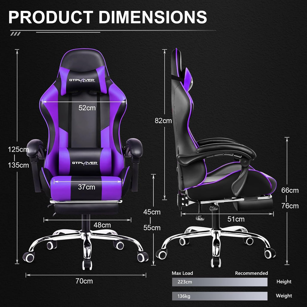 Gaming Chair, Massage Computer Chairs with Footrest, Headrest and Lumbar Support Height Adjustable Ergonomic 360°-Swivel PC Chair Purple